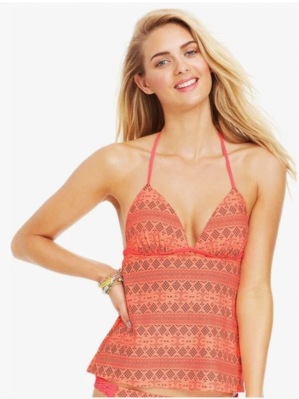 Hula Honey apron style tankini top bright coral with push up padding